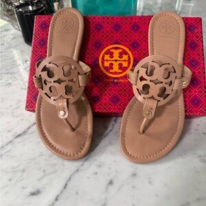 Tory Burch Tan Miller Sandals Iconic Logo Design